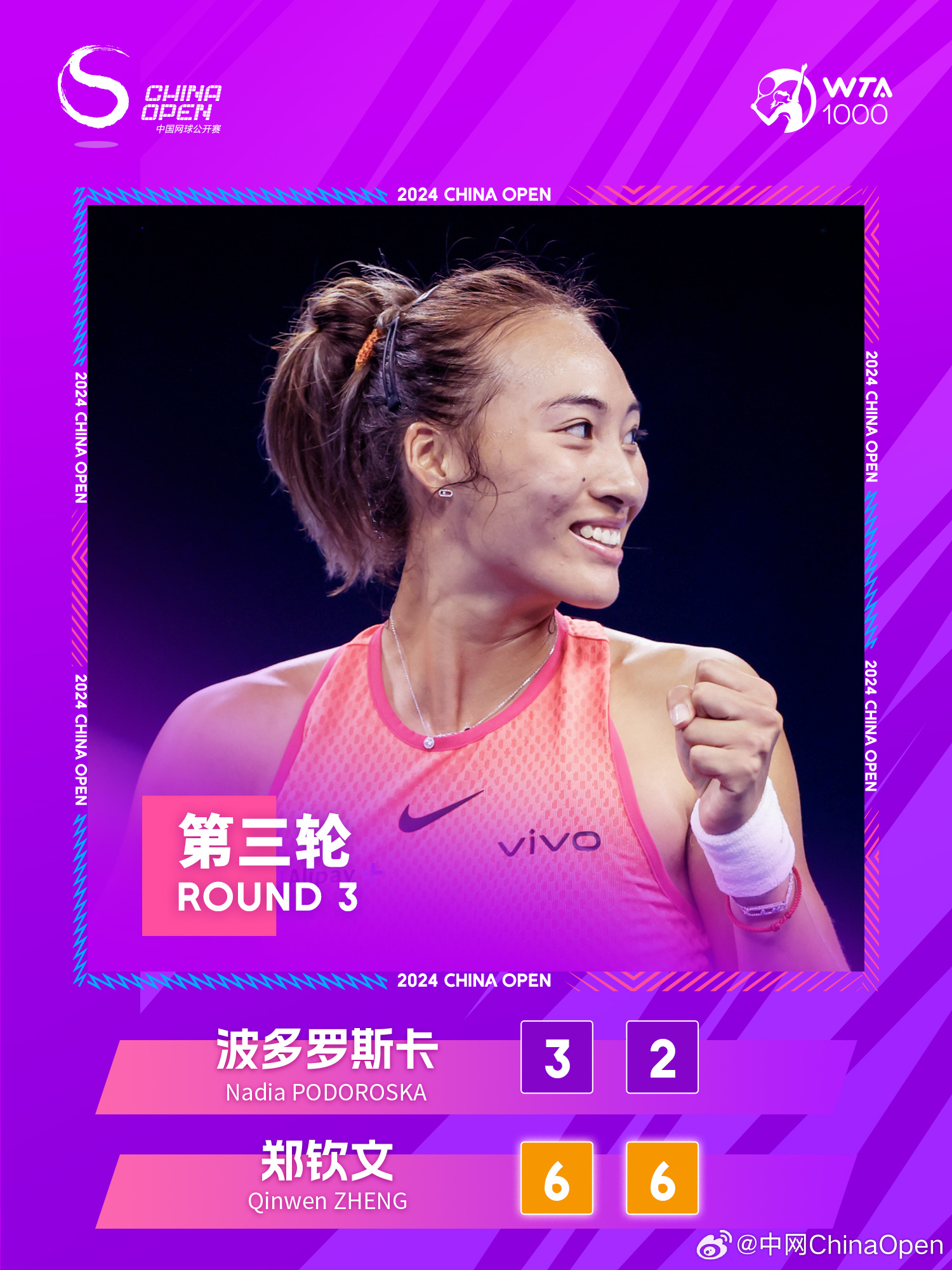 🎾中网女单第三轮：郑钦文2-0速胜波多罗斯卡 晋级16强